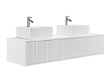 Vente-unique-Mobile per bagno sospeso scanalato con lavabo doppio 150 cm Bianco - ARNEGA