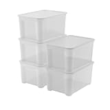 Keter Set di 5 Contenitori in Plastica con Coperchio T Box L, Trasparenti, Ideali per Vestiti e come Portaoggetti, Adatti per Armadi e Garage, 47 L, 55x39x28H cm