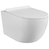 WC sospeso bianco senza flangia con fissaggi invisibili + copriwater ultra sottile rimovibile + freno di caduta (bianco)