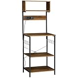 HOMCOM Scaffale da Cucina con Multipresa, Mobile Cucina per Microonde con Ripiani e Ganci Stile Industriale, Legno e Acciaio, 60x42x153cm, Marrone