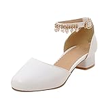 BOTCAM Scarpe da bambina Mary Jane, con tacco basso, per feste, scarpe da ballo, scarpe antiscivolo, bianco, 34 EU