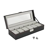 LKH - Scatola per orologi a 6 scomparti, di alta qualità, con chiusura in metallo e 2 chiavi, in ecopelle con cuscini rimovibili, organizer per orologi per uomini e donne, con coperchio in vetro e