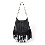 ZRHWSPD Borsa A Tracolla Con Frange In Pelle Borsa a mano vintage da donna in pelle PU, borsa a tracolla con nappa e catena(Black)