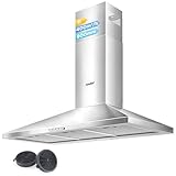 COMFEE' Cappa Aspirante 90 cm PYRA17SS-90 Acciaio Inossidabile Cappa Cucina con LED, Sistema di Ricircolo e Canalizzazione e Filtri a Carbone