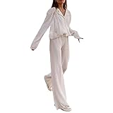 Yassiglia Set da Donna Plissettato Completi Casual Autunnali 2 Pezzi, Camicia a Maniche Lunghe + Pantaloni a Gamba Larga Streetwear Loungewear (Bianco, S)
