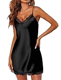 Jahetuul Camicia da Notte Donna Sexy in Pizzo Scollo a V Corta Vestaglia Donna con Cinturino Regolabile Nero L