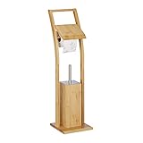 Relaxdays Set da Bagno, per WC, Bambù e Acciaio, Portacarta Igienica, Porta Scopino, Autoportante, 74x20x20 cm, Naturale