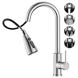 SREWOHS PRO Rubinetto Lavello Cucina,Miscelatore Cucina con Doccetta Estraibile, 4 Modalità Acqua, Bocchello girevole a 360°, Arco alto, Acciaio Inox per Lavello da Cucina a 1 foro