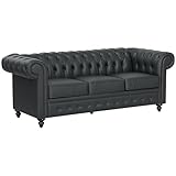 HOMCOM Divano 3 Posti Stile Chesterfield in Finta Pelle, Divanetto da Salotto Trapuntato con Braccioli e Imbottitura Spessa, Sofà con Gambe in Legno di Gomma per Soggiorno e Ufficio, Nero