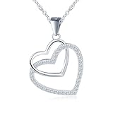 MICGIGI Collana da donna in argento sterling 925, con doppio cuore, a forma di cuore, con zirconi cubici, argento