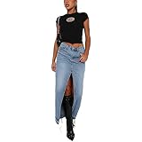 Gonna Lunga di Jeans Donna Vita Alta con Spacco Davanti Gonne Denim Y2K Vintage Harajuku Maxi Midi Gonna Gonne a Portafoglio in Denim Tinta Unita con Tasche (Blu, S)
