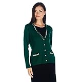 Crystal SOLO Cardigan da donna, bottoni gioielli, scollatura profonda con strass Swarovski, arte fatta a mano, verde abete rosso, L