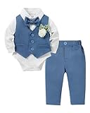 Zoerea Completini e Coordinati per Bambino, Ragazzino Battesimo Cerimonia Pagliaccetto Abbigliamento Set Pagliaccetto con Fiocco + Gilet + Corsage + Pantaloni Blu, 6-12 Mesi
