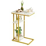 YMYNY Tavolini a Forma Di C, Tavolino Laterale Da Divano, Rettangolari, Comodino Con Struttura in Metallo, Salotto, Camera, 40 X 26 X 61.5CM, Modello di marmo bianco e oro HST004W