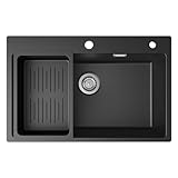 CECIPA Lavandino Cucina Nero 70x45 cm, Lavello Cucina 1 vasca in Granito, Lavabo Cucina con Cestello di Scarico, Incasso al mobile 80cm, con Sifone