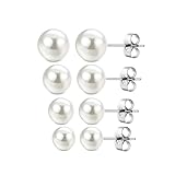 4 Paia Orecchini Perline Argento 925, Orecchini di Perle da Donna - Orecchini di Perle Sfera Rotonda, Ipoallergenici Orecchio Gioielli,Taglie Miste 4mm /6mm / 8mm / 10mm