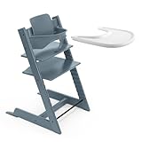 Seggiolone Stokke Tripp Trapp (Fjord Blue) Con Vassoio (Bianco) - Include Sedia, Baby Set 2 per Bambini da 6 a 36 Mesi - Regolabile, Ergonomico e Facile da Pulire