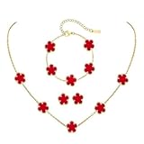 XFSRG Collana Quadrifoglio Parure Gioieili Fortunato Quattro Foglie Placcato Orecchini Bracciali 18k Oro Acciaio inossidabile con Fiore per Donna Ragazze（Rosso）