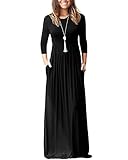 WNEEDU Vestito Lungo Donna Elegante Autunno Maniche Lunghe 3/4 Maxi Abito Scollo Rotondo Vestiti Invernale Primavera Casual con Tasche Nero L