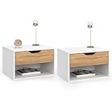 IDMarket - Set di 2 comodini da parete Cathy 1 cassetto con nicchia in faggio e bianco