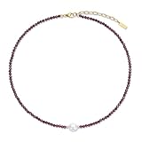 COAI Collana Fine da Donna con Perline Sfaccettate di Cristalli Naturali di Granato e Perla Vera di Acqua Dolce, Collana di Granato Rosso da Donna