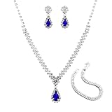 FDEETY 3 Piece Wedding Bridal Jewellery Set Combo Donna Metallo con Diamanti Collana Orecchini Bracciale Combo Modelli Moda Pendolare Luce Stile Lusso（Blu zaffiro）