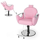 COSTWAY Sedia da Parrucchiere Girevole 360°，Altezza Regolabile, Poltrona Idraulica con Poggiapiedi, Sedia da Salone con Poggiatesta e Schienale Reclinabile, per Parrucchieri, Saloni di Bellezza (Rosa)