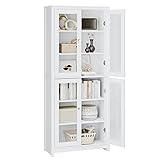 FOREHILL 190cm Libreria Vetrina Espositiva Alta,Armadietto con Vetrina Armadietto Laterale,Credenza Cucina con 4 Ante in Vetro 6 Scomparti,Vetrinetta per Soggiorno, Camera, Ufficio Bianco