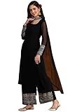EthnicJunction Set da donna in georgette con pantaloni kurta e Dupatta in pizzo, nero, S