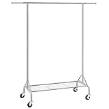 SONGMICS Stand Appendiabiti Attaccapanni in Metallo Cromato con Ruote, Portata Fino a 50 kg, Argento, (110,5-150,5) x 160 x 48,5 cm HSR02S