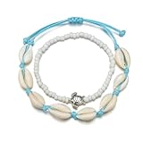 ZUWIJEQ 1set Cavigliera Donna, Cavigliera Donna Conchiglie, Due Piani Cavigliere Donna, cavigliera con conchiglia, Cavigliera Con Perline Di conchiglie e tartarughe, Accessori Da Spiaggia Per Signore
