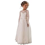Aibaowedding Abito vintage lungo per bambini, in tulle con cintura/chic, linea ad A, per comunione, damigelle d'onore, per ragazze, 2-12 anni, Avorio a maniche lunghe, 10 anni