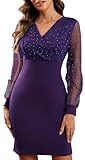 Joligiao Abito da Donna Elegante Mini Vestiti a Maniche Lunghe Abito Invernale in Velluto Abiti in Paillettes Vestito Sexy Scollo a V Corto Abiti da Cocktail Vestito Festa da Sera(Viola,L)