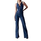 Tuta da Donna in Jeans - Jumpsuit Aderente in Denim, Allacciatura al Collo, Senza Schiena, Elasticizzata, Morbida, Leggera, Estiva, Blu, S