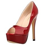 QIANKUN Sexy Open Toe Piattaforma Donne Tacchi Alti Super High Patent Leather Tacchi Alti Scarpe Rosso Wedding Stilettos-Wine rosso, 38