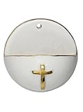MaMeMi Acquasantiera in Porcellana Ø 6 cm con Croce e Bordo Oro – Decorativa da Appendere, Regalo per Battesimo, Comunione, Cresima o Nuova Casa