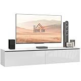 HOMCOM Mobile TV con Design Lucido a Parete e Armadietti con Ante a Ribalta, Tavolino Basso da Salotto in Legno, 160x35x30 cm, Bianco