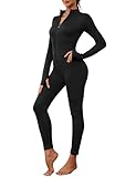 Nadeer Tuta Intera Donna Jumpsuit Sportiva Aderente Tutina Yoga Maniche Lunghe scollo a V Palestra Bodysuitrs con Cerniera Donna Eleganti Tuta(nero,M)