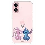 Custodia compatibile con iPhone 16 ufficiale Disney Angel & Stitch Beso per proteggere il tuo cellulare. Custodia in silicone trasparente flessibile con licenza ufficiale di Lilo & Stitch