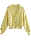 Cardigan da donna alla moda con bottoni gioiello in maglia maglione maglione a maniche lunghe con scollo a V, Giallo, L