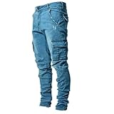 Jeans cargo da uomo in denim slim fit elasticizzato strappato jeans retrò casual pantaloni in denim punk pantaloni da lavoro dritti, Blu, L