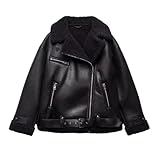 Hndudnff Giacca invernale da donna, in montone, a maniche lunghe, con risvolto, giacca calda, Nero , L