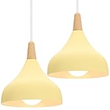 iDEGU 2 Pezzi Lampada a Sospensione Retrò LED Lampada a Soffitto in Legna Metallo Moderna Lampadario a Forma di Goccia Stile Scandinavo Plafoniera per Soggiorno Camera, 20 cm (Giallo Chiaro)