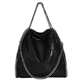 Borsa a mano da donna, a tracolla in ecopelle, a catena, moda, grande (nero)
