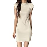 Baiyanor Abito estivo da donna, senza maniche, casual, altamente elastico e flessibile, per il tempo libero, con scollo a U, beige., M-L Kurz