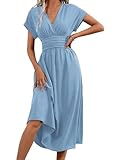 LIAMERHE Vestito Donna Estivi Elegante Manica Corta Scollo a V Casual Maxi Abito Linea A Plissettato Vestiti Abito Spiaggia Moda Vestito Vita Alta Blu XXL