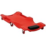 DURHAND Carrello sotto Auto con Poggiatesta Imbottito e 2 Vassoi Portaoggetti Laterali, Carrello da Meccanico in Plastica con 6 Ruote e Maniglia, 100x48x12 cm, Rosso