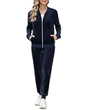 Irevial Tuta da Ginnastica Donna Casual Completo Sportiva Due Pezzi Giacca a Zip Tuta Pigiama Velluto Tempo Libero da Casa Blu Navy S