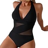Harssidanzar Costumi da Bagno Interi da Donna con Controllo della Pancia in Rete Costume da Bagno a Vita Alta KL404EU, Nero,M