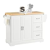 SoBuy Carrello con Ruote Isola Cucina con Piano di Lavoro Estensibile in Legno, 2 Cassetti e Ripiani Regolabili Mobile Salvaspazio per Mobili da Cucina Bianco 130 x 46 (+ 25) x 91 cm FKW41-WN